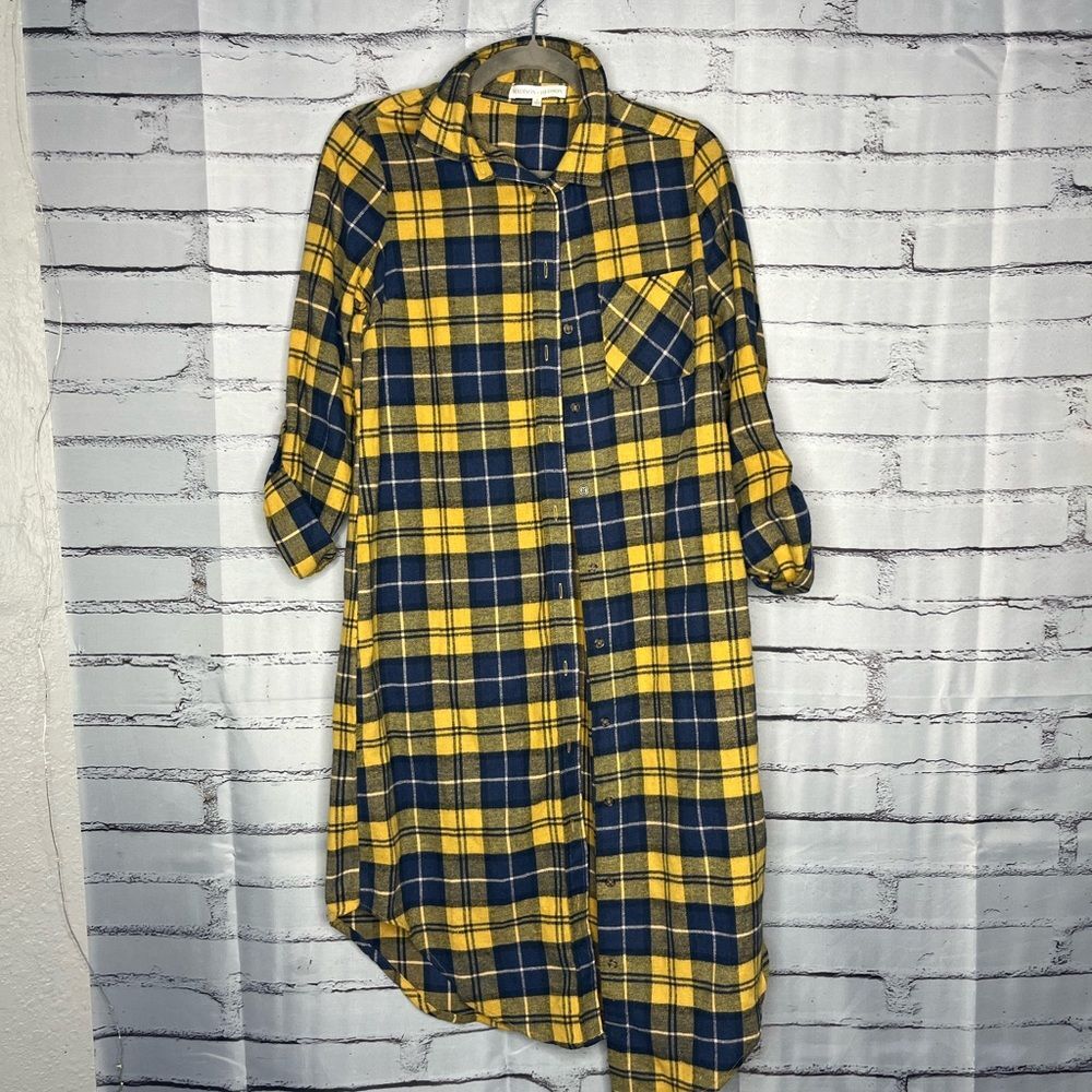 Madison + Hudson Oversized Plaid Cardigan S Yellow Blue Cozy Streetwear Women’s